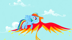 Size: 1366x768 | Tagged: safe, screencap, philomena, rainbow dash, pegasus, phoenix, pony, a bird in the hoof, g4, season 1, duo, flying, rainbow's whispers, whispering