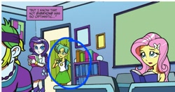 Size: 707x372 | Tagged: safe, idw, official comic, fluttershy, kaleidodelic, rarity, tennis match, equestria girls, g4, my little pony annual 2013, spoiler:comic, background human