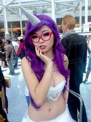 Size: 764x1024 | Tagged: safe, artist:cyntheawindervaux, rarity, human, g4, anime expo, anime expo 2013, belly button, belly piercing, bellyring, cleavage, convention, cosplay, female, glasses, irl, irl human, midriff, photo, piercing, rave