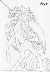 Size: 978x1400 | Tagged: safe, artist:leovictor, oc, oc only, oc:nyx, alicorn, pony, :o, alicorn oc, glare, messy mane, monochrome, older, older nyx, open mouth, rearing, serious, solo, spread wings