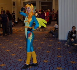 Size: 2178x1965 | Tagged: safe, artist:spaniel122, spitfire, human, g4, 2012, bodysuit, clothes, convention, cosplay, fingerless gloves, gloves, goggles, irl, irl human, katsucon, photo, solo, wonderbolts uniform