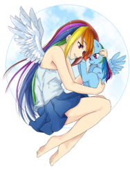 Size: 675x900 | Tagged: safe, artist:d-tomoyo, rainbow dash, human, pegasus, pony, g4, barefoot, blushing, clothes, cloud, cute, dashabetes, feet, female, flying, grin, holding a pony, hug, human ponidox, humanized, lidded eyes, mare, miniskirt, missing cutie mark, on side, self paradox, self ponidox, selfcest, shipping, simple background, skirt, smiling, spread wings, tank top, transparent background, winged humanization, wings