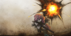Size: 2500x1292 | Tagged: safe, artist:ncmares, sweetie belle, cyborg, pony, unicorn, fanfic:night mares, g4, angry, augmented, badass, bipedal, clothes, explosion, female, filly, gritted teeth, gun, hooves, horn, one eye closed, rifle, solo, teeth, war, weapon