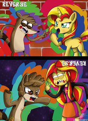 Size: 760x1051 | Tagged: safe, artist:the-butch-x, sunset shimmer, human, pony, unicorn, g4, crossover, duo, male, ponified, regular show, rigby (regular show), role reversal, species swap, style emulation