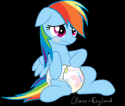 Size: 820x693 | Tagged: safe, artist:oliver-england, rainbow dash, g4, cutie mark diapers, diaper, embarrassed, female, non-baby in diaper, solo