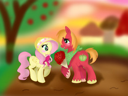 Size: 2261x1700 | Tagged: safe, artist:1231redflame, big macintosh, fluttershy, earth pony, pony, g4, bandana, blushing, bonnet, bouquet, male, ship:fluttermac, shipping, stallion, straight