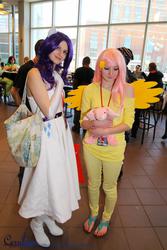 Size: 1366x2048 | Tagged: safe, fluttershy, rarity, human, g4, cosplay, irl, irl human, photo