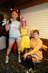 Size: 1366x2048 | Tagged: safe, fluttershy, rainbow dash, scootaloo, human, g4, cosplay, goggles, irl, irl human, photo