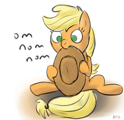 Size: 1900x1837 | Tagged: safe, artist:fapalot, applejack, earth pony, pony, g4, cute, eating, female, hoof hold, nom, silly, silly pony, sitting, solo, who's a silly pony