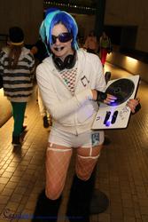 Size: 1366x2048 | Tagged: safe, artist:dragonsblood777, dj pon-3, vinyl scratch, human, g4, 2012, clothes, convention, cosplay, fingerless gloves, gloves, irl, irl human, photo, turntable, youmacon