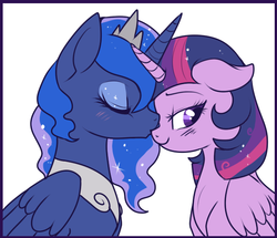 Size: 581x500 | Tagged: safe, artist:lulubell, princess luna, twilight sparkle, alicorn, pony, g4, alternate hairstyle, blush lines, blushing, closed mouth, crown, cute, duo, ears back, ethereal hair, ethereal mane, eyes closed, eyeshadow, female, floppy ears, folded wings, frame, jewelry, lesbian, lidded eyes, looking away, makeup, mare, nose kiss, peytral, regalia, ship:twiluna, shipping, simple background, smiling, sparkly eyeshadow, sparkly mane, starry mane, tiara, twilight sparkle (alicorn), white background, wings