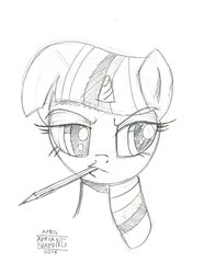 Size: 3331x4466 | Tagged: safe, artist:boxedsurprise, twilight sparkle, pony, unicorn, g4, bust, female, lineart, mare, monochrome, mouth hold, pencil, solo, unicorn twilight