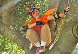Size: 871x602 | Tagged: safe, artist:bright-new-dawn, scootaloo, human, g4, cosplay, goggles, irl, irl human, photo, solo, tree