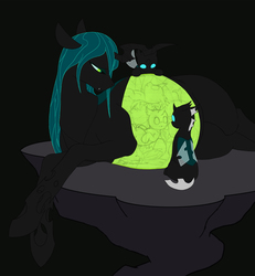 Size: 2158x2337 | Tagged: safe, artist:0particle, queen chrysalis, changeling, changeling queen, nymph, g4, adoracreepy, belly, black background, creepy, cute, cutealis, cuteling, female, fetus, high res, looking back, mommy chrissy, on side, pregnant, quadrupedal, queen pregalis, simple background, sitting, smiling, translucent belly, transparent belly, transparent flesh, weapons-grade cute, wip, womb with a view