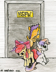 Size: 392x500 | Tagged: safe, artist:el-yeguero, apple bloom, scootaloo, sweetie belle, pegasus, pony, unicorn, g4, cutie mark crusaders, female, filly, foal, sitting, traditional art