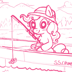 Size: 500x500 | Tagged: safe, artist:mcponyponypony, pinkie pie, worm, g4, bait, female, fishing, fishing rod, meme, monochrome, solo