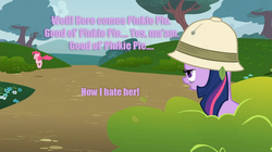 Size: 1054x592 | Tagged: safe, pinkie pie, twilight sparkle, g4, hate, image macro, meme, peanuts, purple text