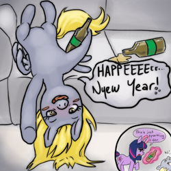 Size: 500x500 | Tagged: safe, artist:mcponyponypony, derpy hooves, twilight sparkle, pegasus, pony, g4, apple cider, female, mare, new year, new years eve