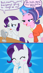 Size: 533x900 | Tagged: safe, artist:mcponyponypony, cookie crumbles, rarity, g4, 2 panel comic, blushing, braces, comic, crying, cute, filly, filly rarity, hnnng, mirror, raribetes, younger