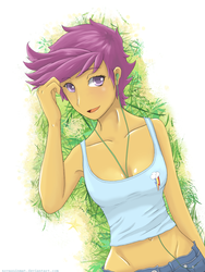 Size: 1800x2400 | Tagged: safe, artist:novaquinmat, scootaloo, human, g4, armpits, belly button, clothes, earbuds, female, grass, humanized, midriff, older, older scootaloo, pony coloring, solo, summer, tank top
