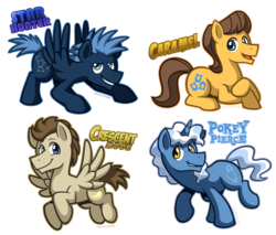 Size: 2268x1928 | Tagged: safe, artist:bcpony, caramel, crescent pony, mane moon, pokey pierce, star hunter, earth pony, pegasus, pony, unicorn, g4, flying, looking at you, male, simple background, sitting, stallion, teeth, text, transparent background