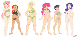 Size: 1519x748 | Tagged: safe, artist:ric-m, applejack, fluttershy, pinkie pie, rainbow dash, rarity, twilight sparkle, human, g4, barefoot, belly button, bra, breasts, clothes, crop top bra, feet, female, frilly underwear, frown, grin, humanized, line-up, mane six, midriff, open mouth, panties, plump, ribbon, simple background, smiling, standing, tallershy, underwear, white background