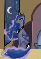 Size: 500x725 | Tagged: safe, artist:xxgalaxy, princess luna, g4, female, raised hoof, sitting, solo, throne