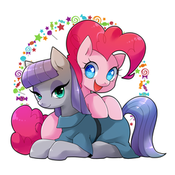 Size: 1000x1000 | Tagged: safe, artist:zakro, maud pie, pinkie pie, earth pony, pony, g4, candy, clothes, cute, duo, female, food, heart eyes, lollipop, mare, open mouth, pixiv, sisters, smiling