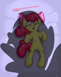 Size: 780x980 | Tagged: safe, artist:scrimpeh, edit, apple bloom, rainbow dash, pony, g4, :o, bed, female, filly, first person view, imminent rape, implied foalcon, offscreen character, on back, on bed, open mouth, pov, scared, shadow, spread legs, this will end in tears, what are we gonna do on the bed?, wide eyes