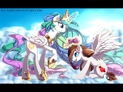 Size: 1050x785 | Tagged: safe, artist:ka-samy, princess celestia, oc, oc:akira, g4, bow, ceremonial, cloud, cone/rice wings, happy, kneeling, light, regalia