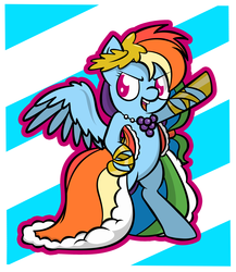 Size: 2830x3264 | Tagged: safe, artist:dahhez, rainbow dash, pegasus, pony, g4, abstract background, bipedal, clothes, dress, female, gala dress, high res, mare, open mouth, pointing, simple background