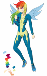 Size: 1000x1600 | Tagged: safe, artist:shyvent, rainbow dash, human, g4, clothes, female, humanized, shoes, simple background, solo, winged humanization, wings, wonderbolts uniform