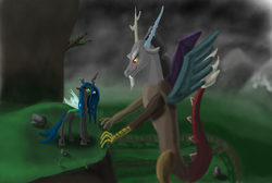 Size: 1470x985 | Tagged: dead source, safe, artist:winterdominus, discord, queen chrysalis, changeling, changeling queen, draconequus, g4, eye contact, female, looking at each other, smirk