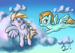 Size: 2100x1500 | Tagged: safe, artist:flavinbagel, derpy hooves, lightning dust, pegasus, pony, g4, cloud, cloudy, female, flying, mare