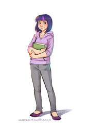 Size: 720x1041 | Tagged: safe, artist:vasira, twilight sparkle, human, g4, book, clothes, female, hoodie, humanized, pants, solo