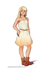 Size: 720x1041 | Tagged: safe, artist:vasira, applejack, human, g4, boots, clothes, dress, female, freckles, humanized, short dress, smiling, solo