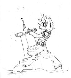 Size: 855x935 | Tagged: safe, artist:php64, semi-anthro, cloud strife, crossover, final fantasy, final fantasy vii, grayscale, monochrome, ponified, solo, sword, traditional art