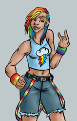 Size: 720x1139 | Tagged: safe, artist:frosted-gears, rainbow dash, human, g4, dark skin, devil horn (gesture), female, humanized, solo