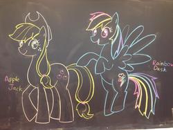 Size: 1024x768 | Tagged: safe, artist:tebasaki, applejack, rainbow dash, earth pony, pegasus, pony, g4, chalkboard, duo