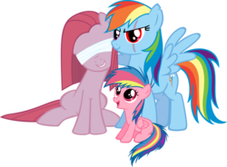 Size: 900x662 | Tagged: safe, artist:thebiancoangelo, pinkie pie, rainbow dash, oc, pegasus, pony, fanfic:cupcakes, fanfic:rainbow factory, g4, blind, blindfold, evil smile, family, female, lesbian, magical lesbian spawn, offspring, parent:pinkie pie, parent:rainbow dash, parents:pinkiedash, pinkamena diane pie, rainbow factory dash, red eyes, scar, ship:pinkiedash, shipping, simple background, torn ear, transparent background, xk-class end-of-the-world scenario