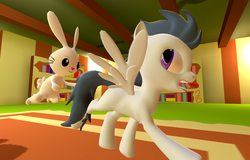 Size: 1600x1024 | Tagged: safe, artist:viranimation, angel bunny, rumble, pegasus, g4, 3d, colt, foal, gmod, male, open mouth