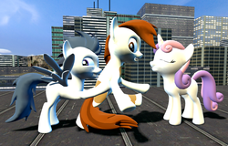 Size: 1600x1024 | Tagged: safe, artist:viranimation, pipsqueak, rumble, sweetie belle, g4, 3d, building, city, colt, female, filly, foal, forced by his own will, gmod, male, ship:sweetiesqueak, shipping, straight