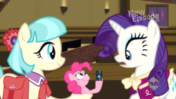 Size: 576x324 | Tagged: safe, coco pommel, flash sentry, pinkie pie, rarity, g4, accepted meme that never ends, coco's gift, exploitable meme, flash's paper, look what pinkie found, meme, the meme that never ends