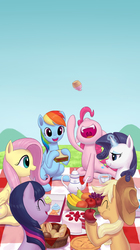 Size: 2357x4201 | Tagged: safe, artist:dannylim86, applejack, fluttershy, pinkie pie, rainbow dash, rarity, twilight sparkle, g4, cake, eating, food, mane six, picnic