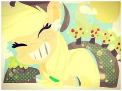 Size: 1024x768 | Tagged: safe, artist:supernoncutie, applejack, g4, eyes closed, female, grin, smiling, solo