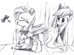 Size: 2722x2026 | Tagged: safe, artist:navigatoralligator, fluttershy, rainbow dash, pegasus, pony, g4, blushing, clothes, eyes closed, female, high res, lesbian, monochrome, open mouth, raised hoof, ship:flutterdash, shipping, singing, smiling, traditional art, watching