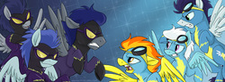 Size: 900x331 | Tagged: safe, artist:spainfischer, descent, fleetfoot, nightshade, soarin', spitfire, pegasus, pony, g4, blank flank, female, goggles, male, mare, shadowbolts, stallion, wonderbolts