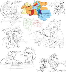 Size: 1200x1292 | Tagged: safe, artist:the-chibster, applejack, rainbow dash, pegasus, pony, g4, blushing, boop, eating, eyes closed, female, floppy ears, grin, lesbian, looking back, noseboop, nuzzling, on back, on side, open mouth, preening, ship:appledash, shipping, sketch, sketch dump, smiling, snorting, spaghetti, wide eyes, wink