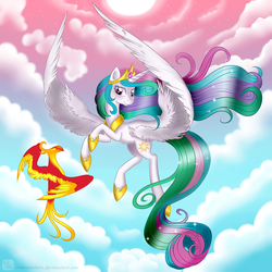 Size: 1250x1250 | Tagged: safe, artist:swanlullaby, philomena, princess celestia, alicorn, phoenix, pony, g4, cloud, cloudy, duo, duo female, female, flying, looking at you, mare, signature, sky, smiling, smiling at you, spread wings, stars, sun, wings