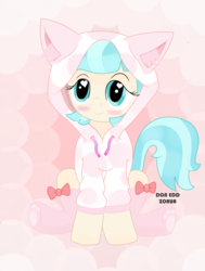 Size: 1523x2018 | Tagged: safe, artist:doneddzorua, coco pommel, cat, g4, cat ears, clothes, cocobetes, cute, female, heart eyes, hoodie, pink, socks, solo